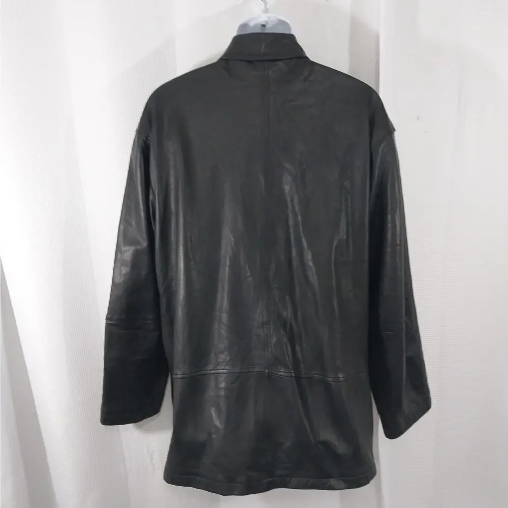 KENNETH COLE REACTION! BLACK GENUINE LAMB LEATHER STADIUM LENGTH COAT! SZ M